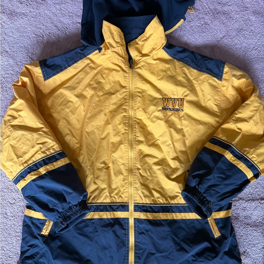 General WVU Mountaineers Jacket Mens XL Yellow Navy Blue Hooded Full Zip